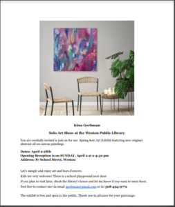 Irina Gorbman Solo Art Exhibit at the Weston Public Library on Sunday, April 2 at 2-4:30 pm /reception