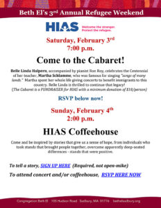 HIAS Refugee Weekend (Feb 3-4) Events at Beth El in Sudbury!