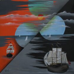 PRINT 200$. 100 X 100 Oli on cabvas Ships of our Life ספינות של חיינו